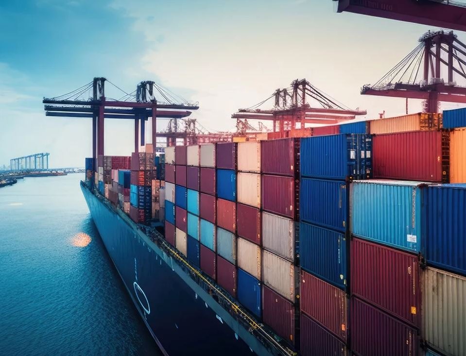 Container ship loaded with cargo containers at a port with gantry cranes